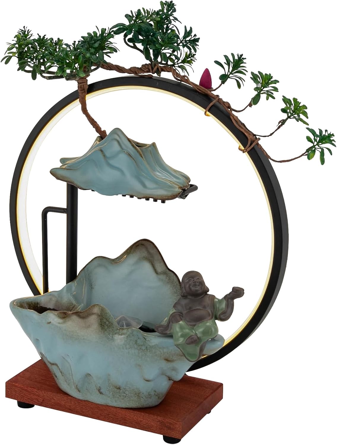 Indoor Tabletop Water Fountain - Round LED Light, Table Fish Tank, Mist Maker, Backflow Incense Burner, Indoor Zen Relaxation for Home Office Bedroom Living Room Decor
