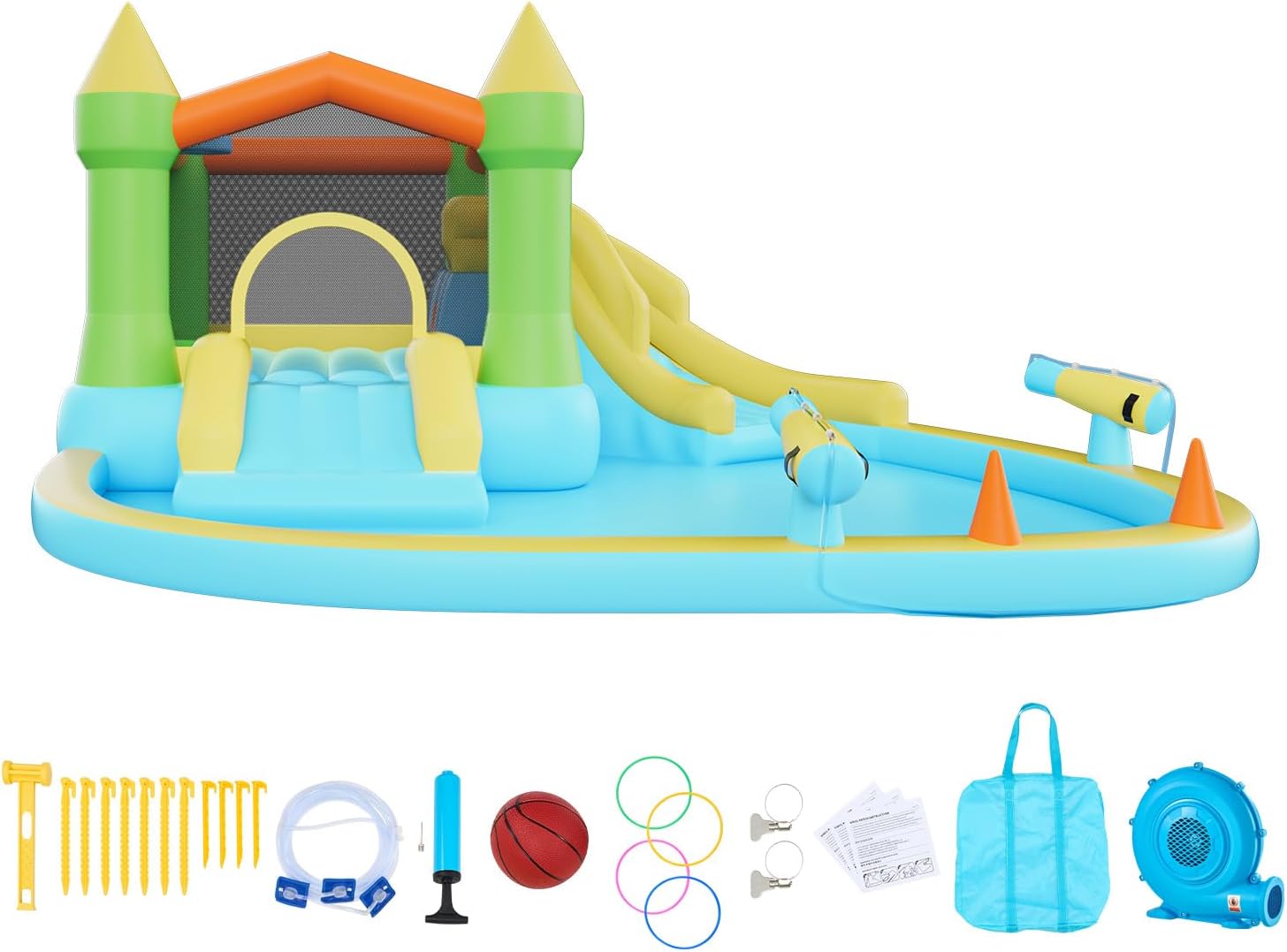VEVOR Bounce House for Kids, Inflatable Bounce House with Air Blower, Water Slide, Bouncer Castle with Castle Bounces, Basketball Hoop, Splash Pool & Water Ring Toss, for 3 to 4 Kids Ages 3 to 8