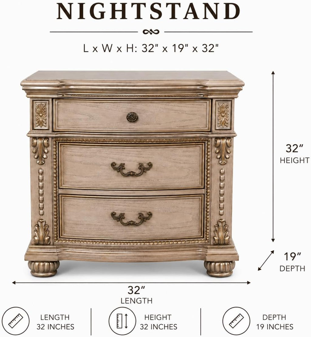 First of a Kind Nightstand Bedroom Furniture Evelyn Champagne Traditional Wood Bedside Table Ornate European Inspired Design Classic Bedroom Nightstand Coordinated Furniture Style