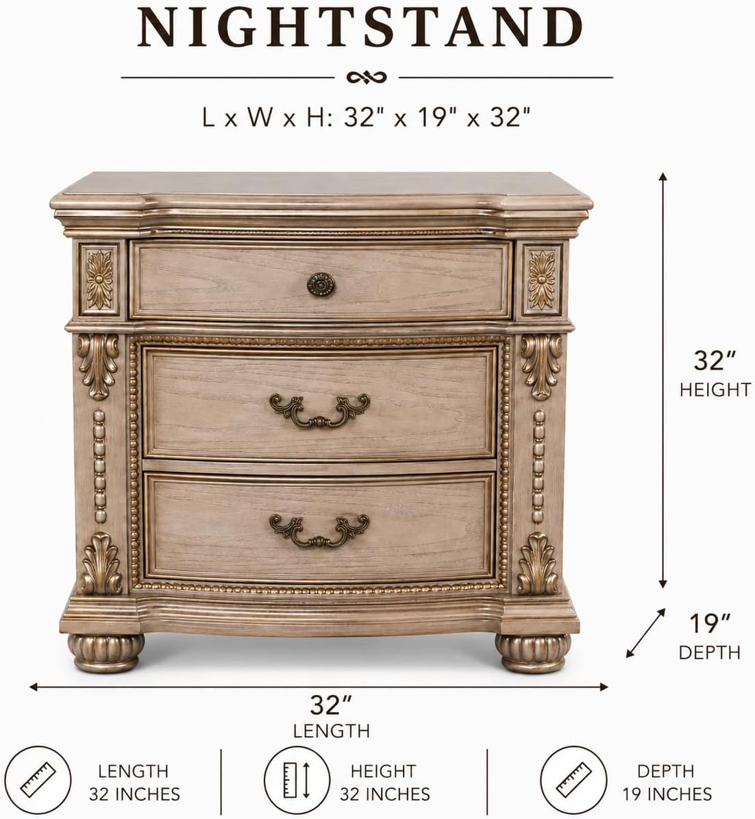 First of a Kind Nightstand Bedroom Furniture Evelyn Champagne Traditional Wood Bedside Table Ornate European Inspired Design Classic Bedroom Nightstand Coordinated Furniture Style