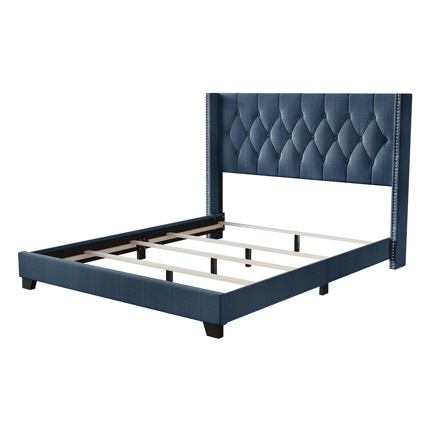 Queen Button Tufted Wingback Linen Upholstered Bed, Blue