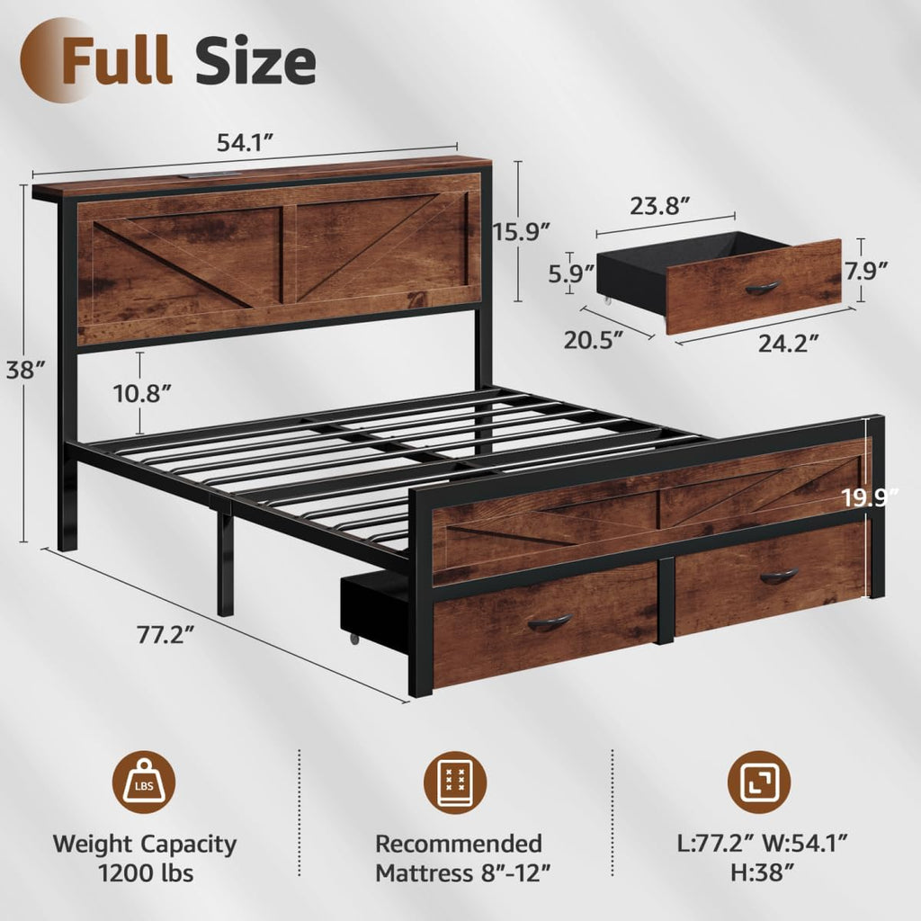 Rustic Full Size Bed Frame with Storage Drawers and Barn Door Headboard, Farmhouse LED Bed Frame Full with Charging Station, Metal Industrial Platform Bed Frames, No Box Spring Needed, Brown