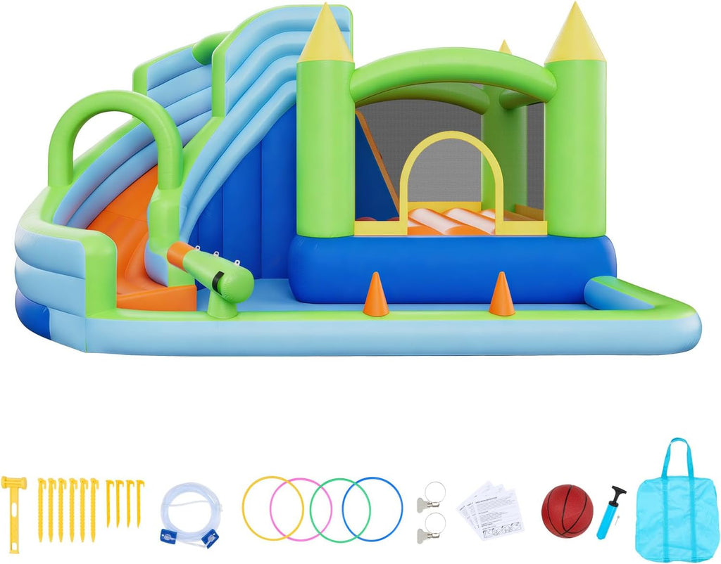 VEVOR Inflatable Water Slide Bounce House with Blower, Compact 5-in-1 Kids Bouncy Castle with Slide Splash Pool Climbing Wall Basketball Hoop & Bounce Area for Kids