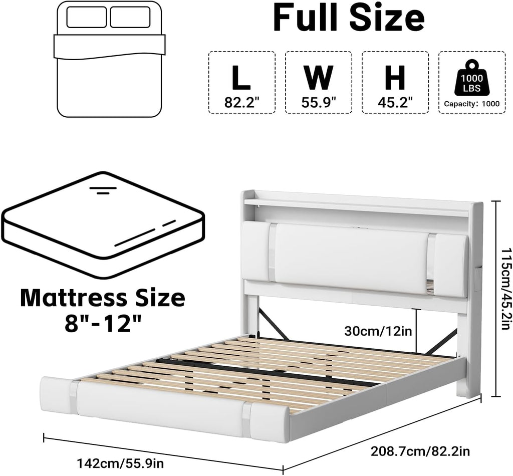 Floating Bed Frame, Full Size Platform Bed Frame with LED and Charging Station, Modern White Metal Platform Full Bed with Storage Headboard, Upholstered Platform Bed Frame, No Box Spring Needed
