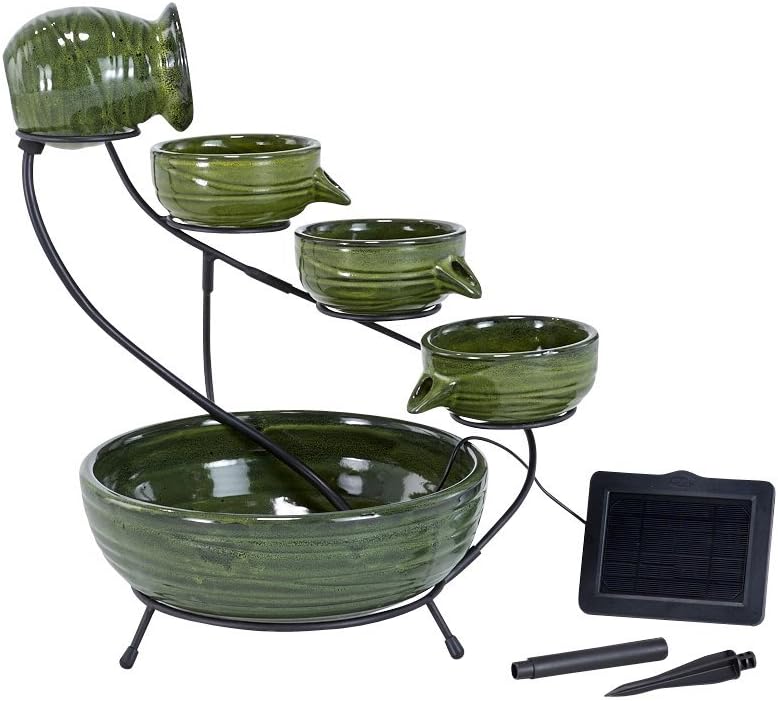 Smart Solar Glossy Ceramic 4-Tiered Cascade Solar-Powered Fountain with 10' Cable, Elegant Cascading Outdoor Solar Garden Fountain, Green