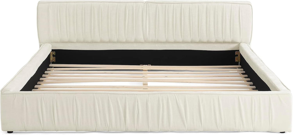 Ball & Cast Queen Size Low Bed Frame,Chenille Upholstered Platform Bed with Pleated Design Headboard,Grounded Floor Bed with Wood Slat Support,No Box Spring Needed,Beige