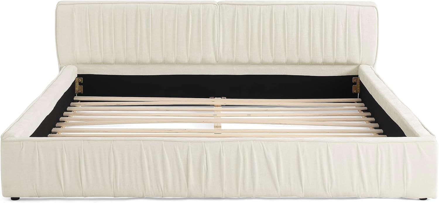Ball & Cast Queen Size Low Bed Frame,Chenille Upholstered Platform Bed with Pleated Design Headboard,Grounded Floor Bed with Wood Slat Support,No Box Spring Needed,Beige