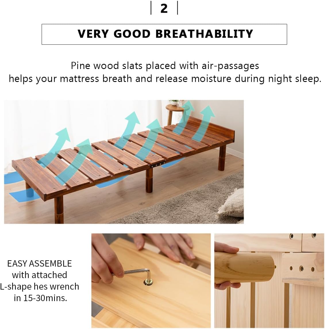 EMOOR Wood Slatted Floor Bed Frame OSMOS Daybed (26x73in) for Japanese Futon Mattress Solid Pine (Gray), Height Adjustable (2/7/12in) Tatami Mat
