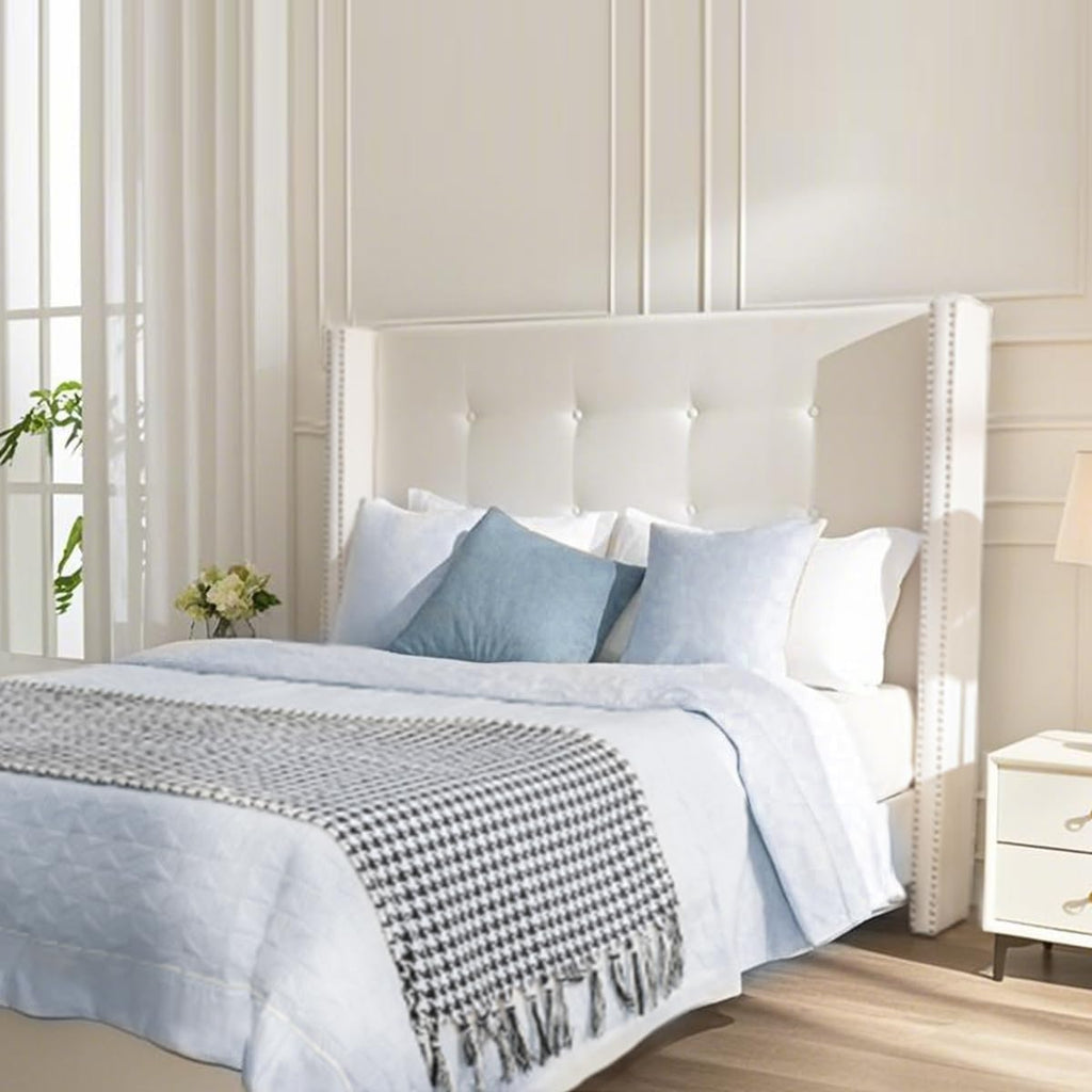 Queen Size Bed Frame,54'High Headboard Button Tufted Nailhead Trimmed Backrest Headboard,Velvet Metal Upholstered Platform Bed Frame,Wooden Slats Provide Strong Support,No Springs Required