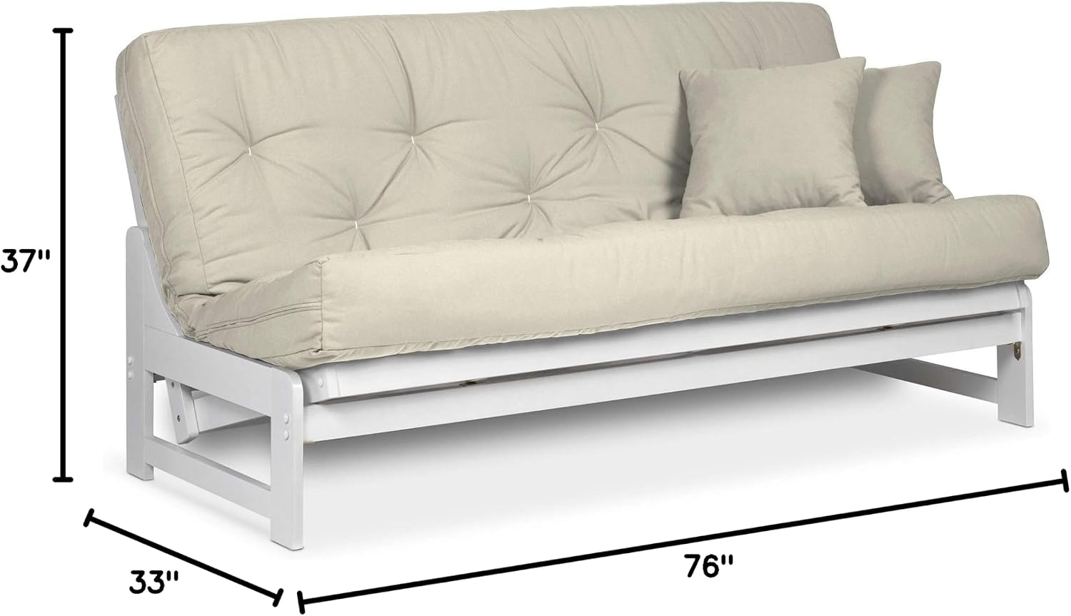 Nirvana Futons Arden White Futon Set Full or Queen Size - Armless Wood Futon Frame with Mattress Included (Twill Ivory), Space Saving Modern Sofa Bed Sleeper