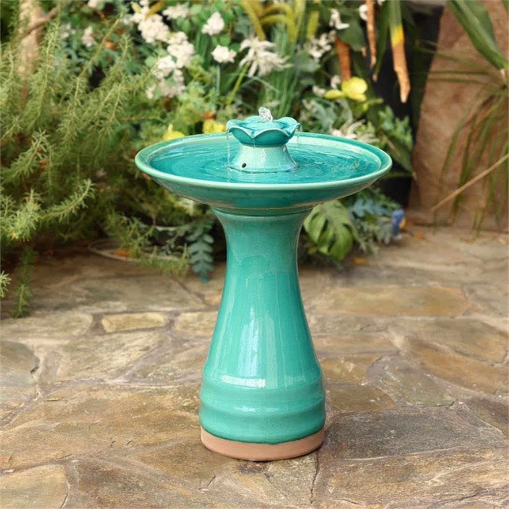 LuxenHome 22 Inch Ceramic Bird Bath Fountain, Elegant Glazed Outdoor Water Feature with Lotus Design, Freestanding Waterfall Birdbath Garden Water Fountain for Backyard, Patio