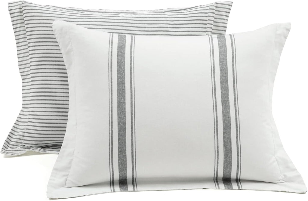 Lush Decor Farmhouse Stripe Reversible Cotton Duvet Cover Set 3 Piece Set, King Dark Gray - Bedding Set - Striped Duvet Cover King Size - Farmhouse Decor