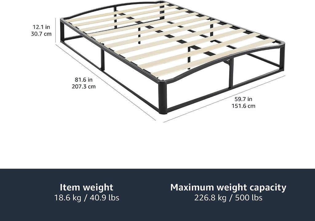 Amazon Basics Metal Platform Bed Frame with Wood Slat Support, Storage Space Underneath, 10 inches High, Queen, Black