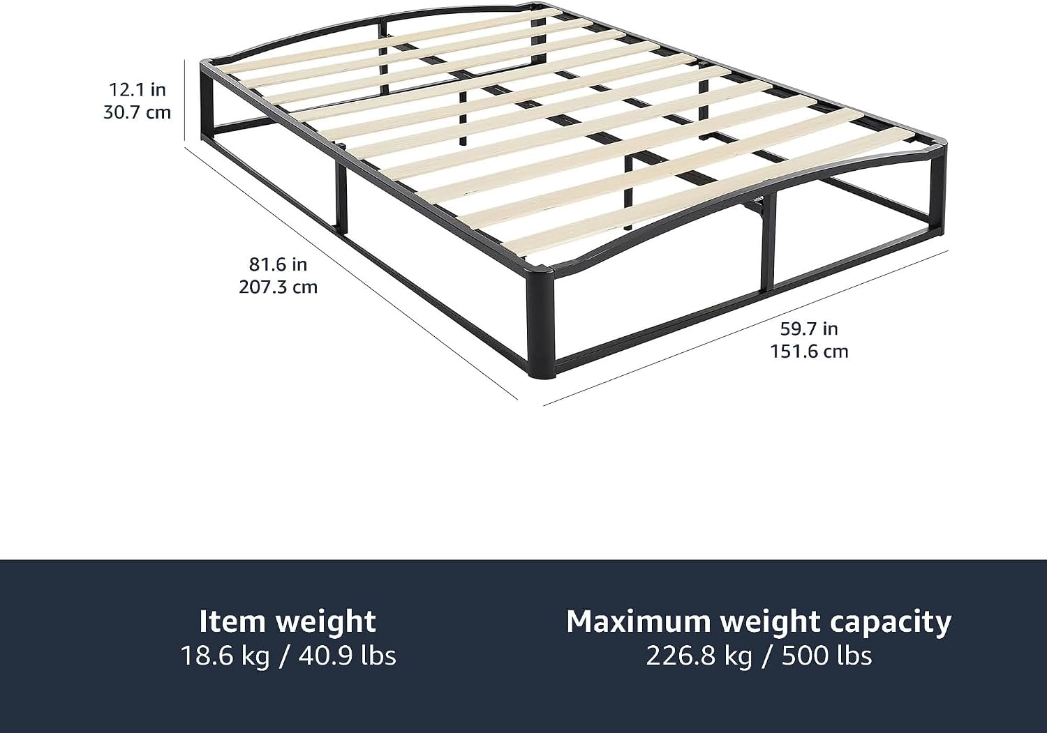 Amazon Basics Metal Platform Bed Frame with Wood Slat Support, Storage Space Underneath, 10 inches High, Queen, Black