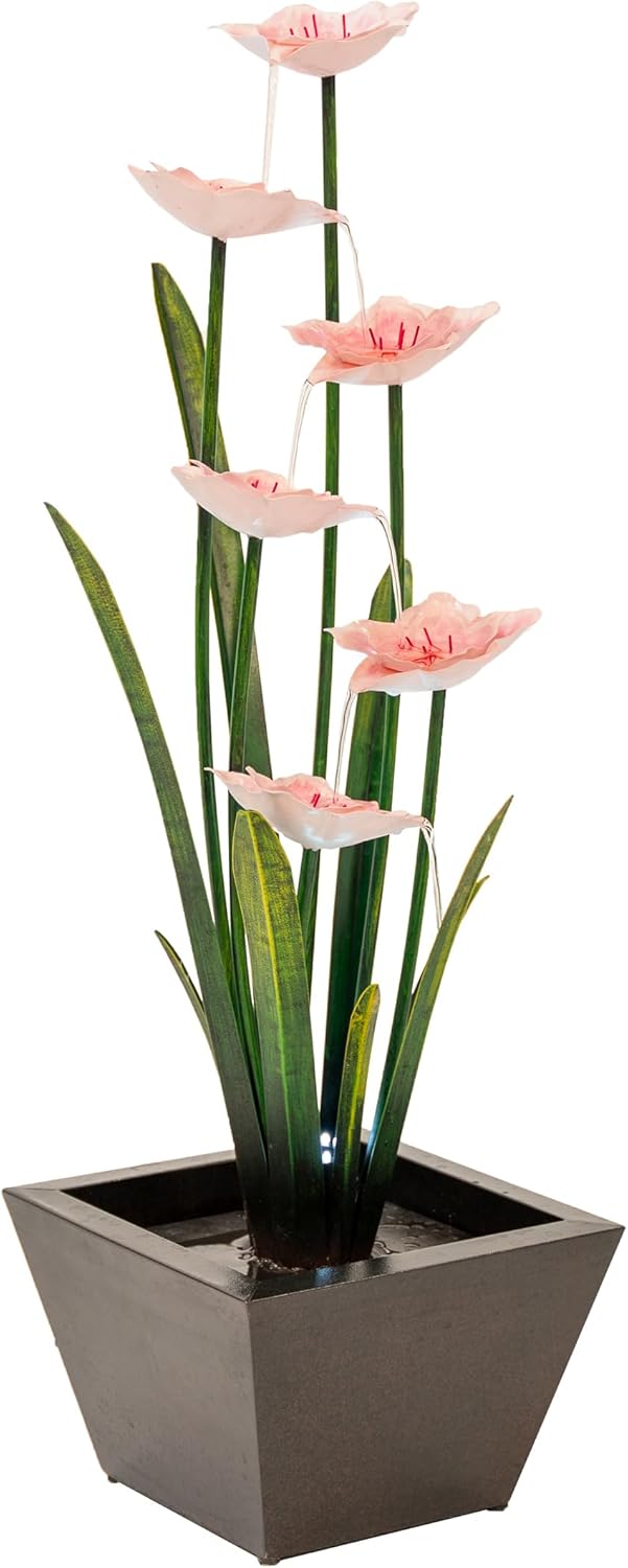 XBrand 39-Inch Freestanding Sculptural Metal Multi-Tier Flower Water Fountain with LED Lights, Multicolored