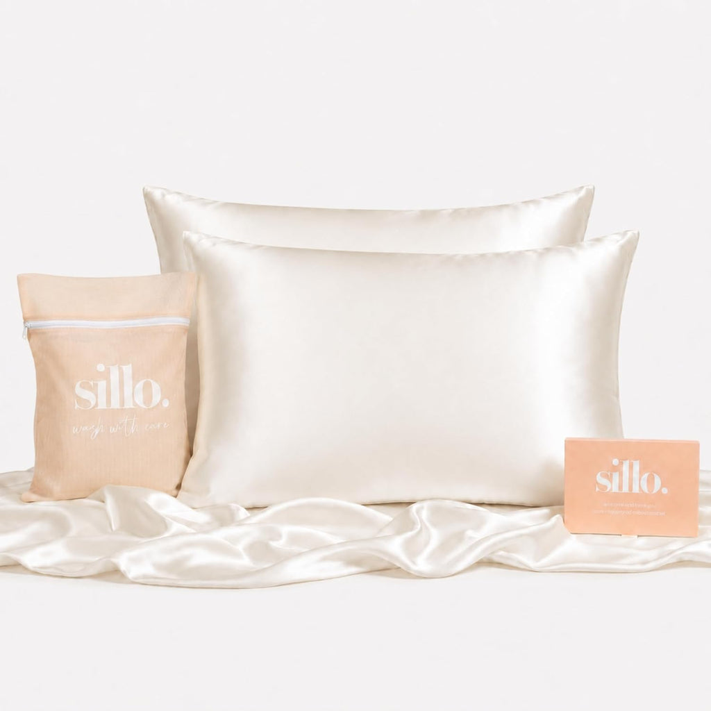 Sillo Silk Pillow Cases 2 Pack - 22 Momme Mulberry Silk Pillowcases for Hair and Skin, Anti Acne Pillow Case, Hypoallergenic Silver-Infused, Envelope Closure, King (Ivory White)