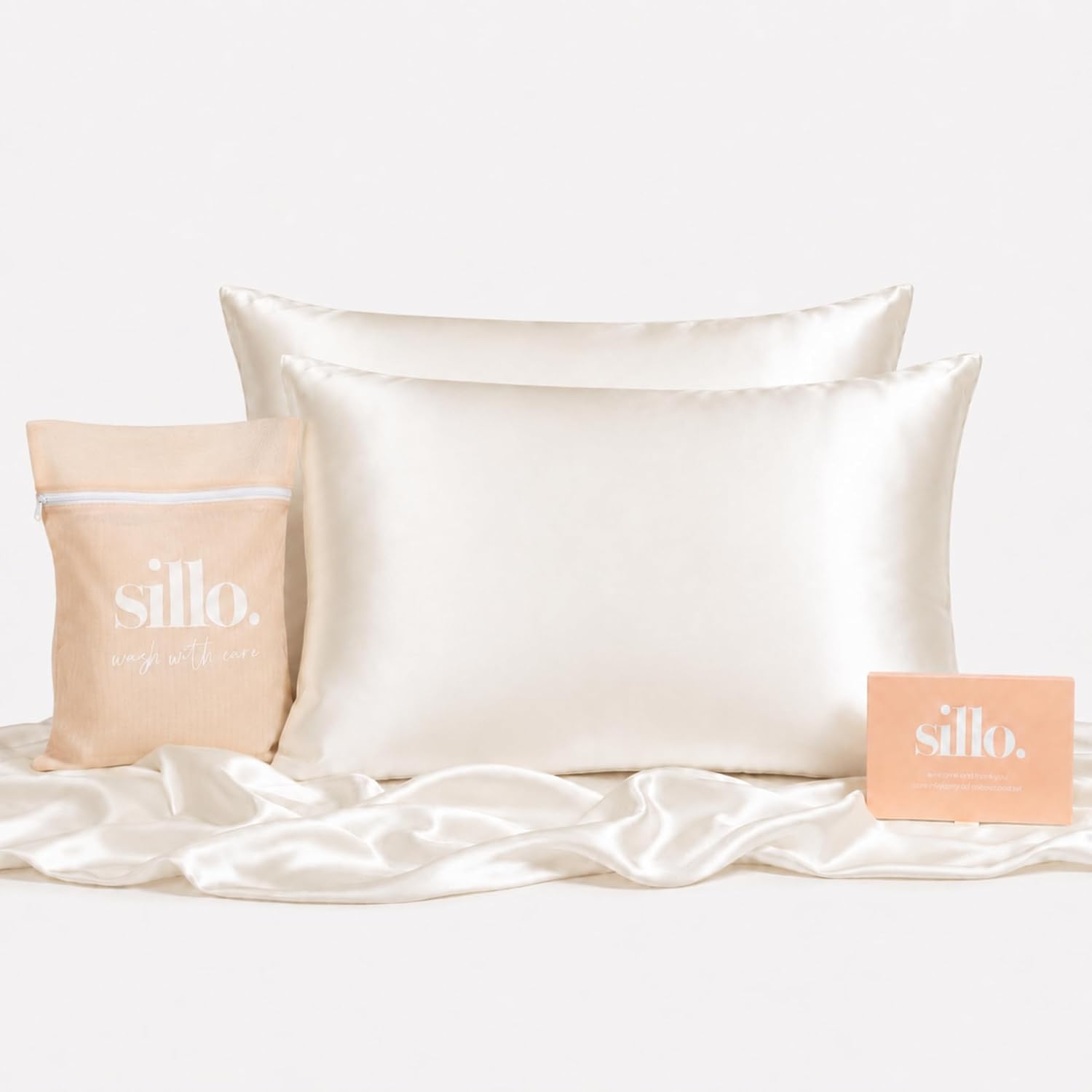 Sillo Silk Pillow Cases 2 Pack - 22 Momme Mulberry Silk Pillowcases for Hair and Skin, Anti Acne Pillow Case, Hypoallergenic Silver-Infused, Envelope Closure, King (Ivory White)