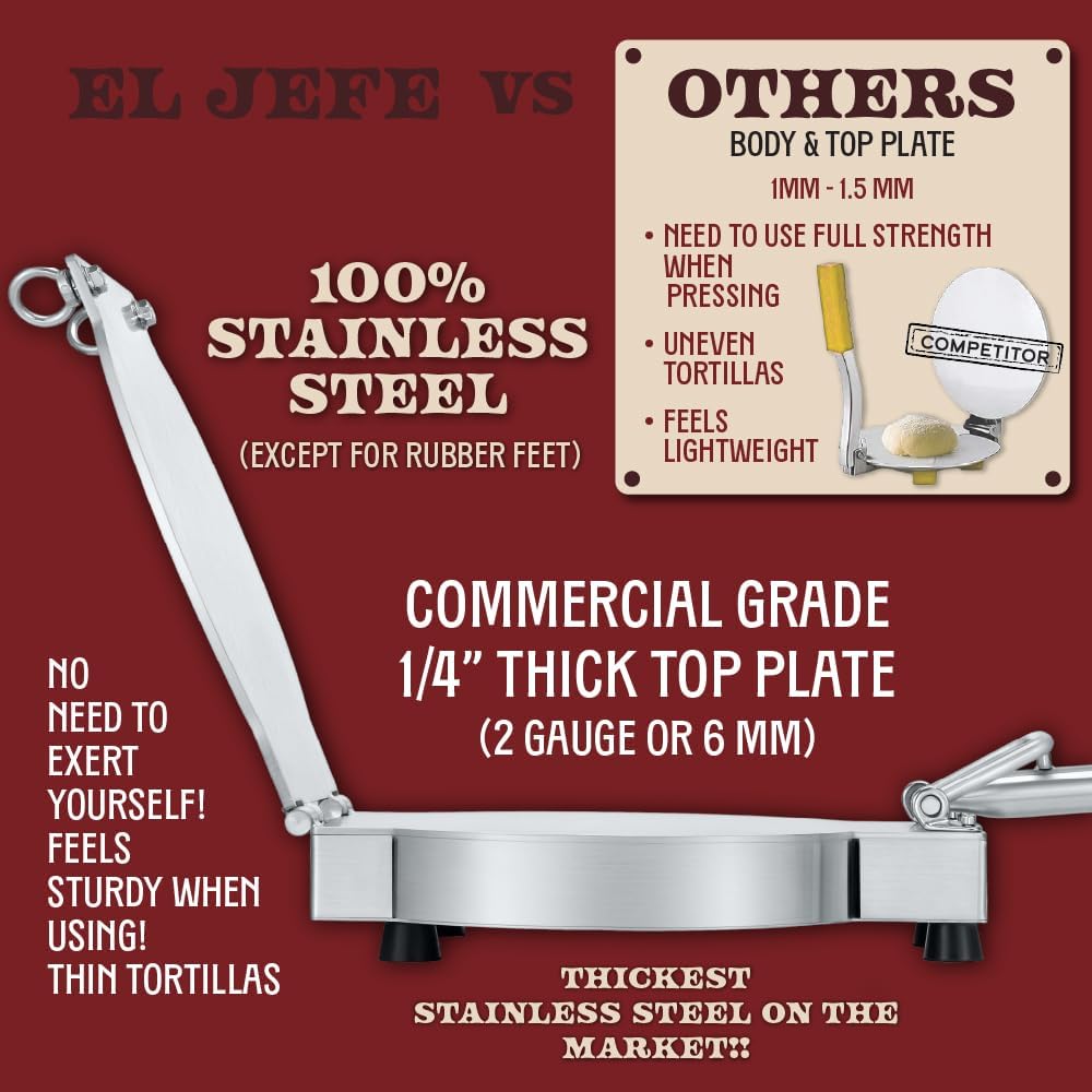 Concord 11' Stainless Steel EL JEFE Commercial Grade Tortilla Press. 2 Gauge Thickness, 18 LBS. Perfect Maker for Flour or Corn Tortillas, Quesadillas, Roti, and much more!