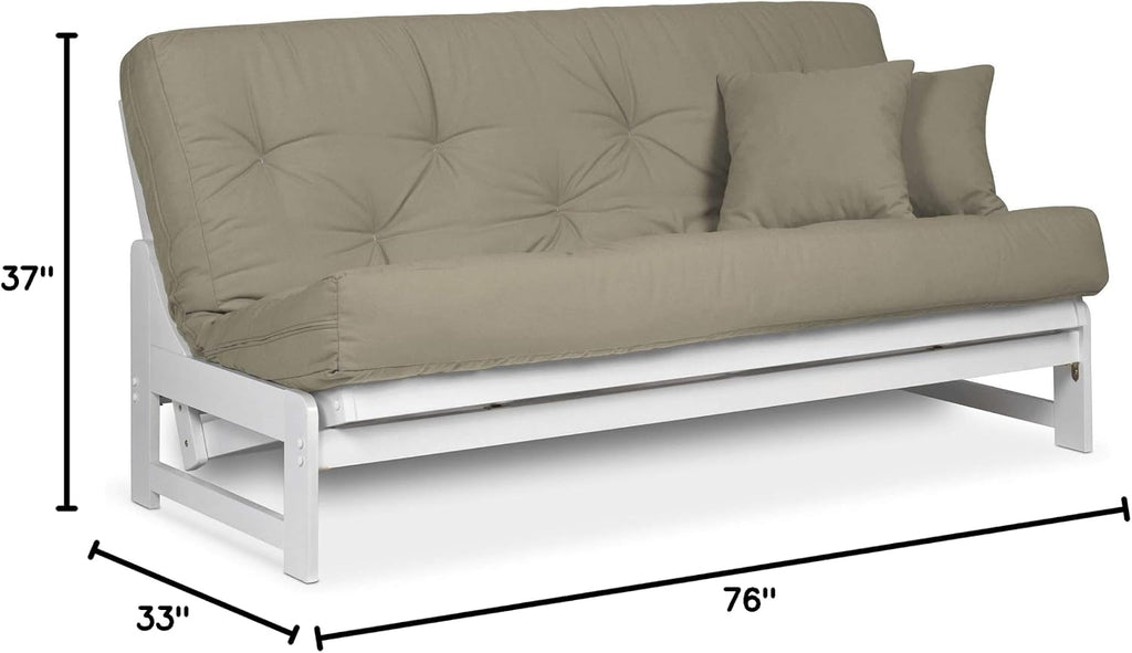 Nirvana Futons Arden White Futon Set Full or Queen Size - Armless Wood Futon Frame with Mattress Included (Twill Khaki), Space Saving Modern Sofa Bed Sleeper