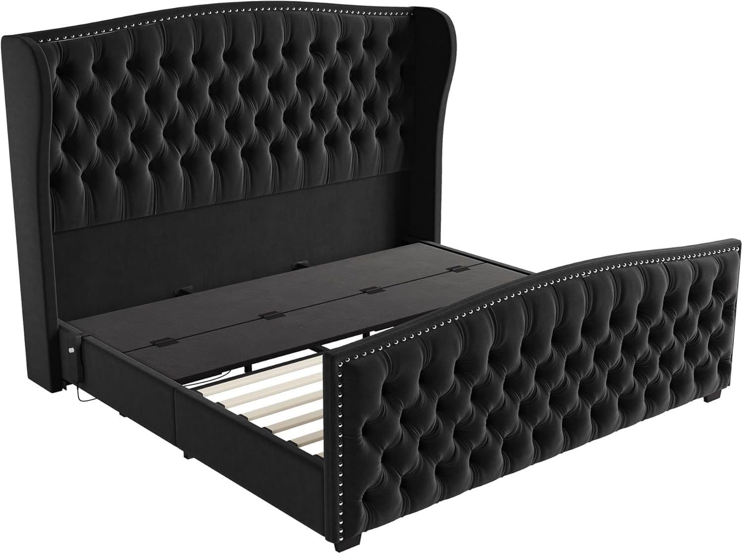 AMERLIFE 51' H Queen Size Adjustable Bed Frame with Velvet Upholstered and Deep Button Tufted Headboard, Electric Bed with Dual Motor/Nailhead Trim Wingback, No Box Spring Needed, Black