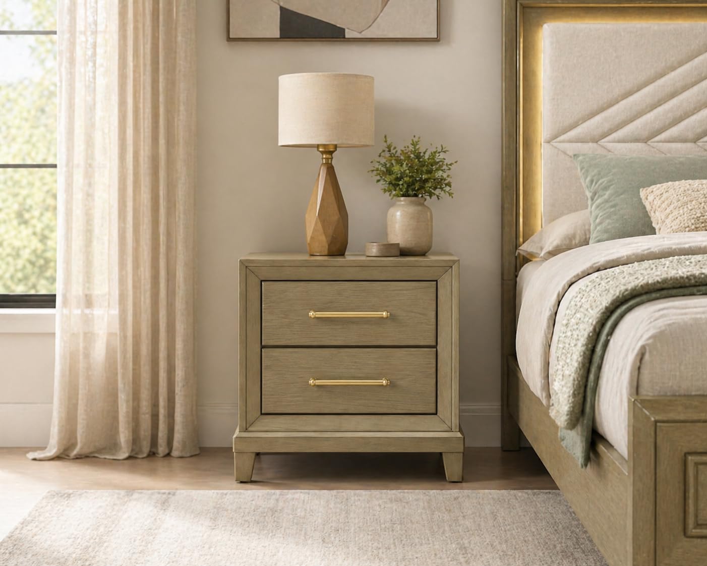 First of a Kind Nightstand Contemporary Wood Bedside Table Dove Collection Rustic Beige Finish Clean Modern Design Bedroom Nightstand Streamlined Structure Coordinated Furniture Piece