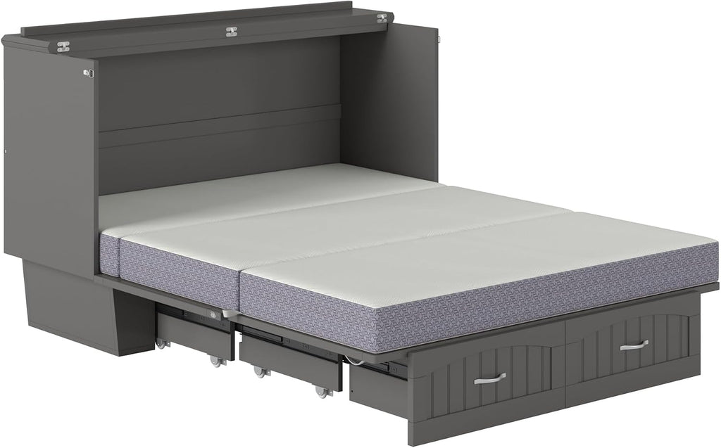 AFI, Nantucket Queen Murphy Bed Chest with Mattress, Storage Drawer and Built-In USB Charger, Grey