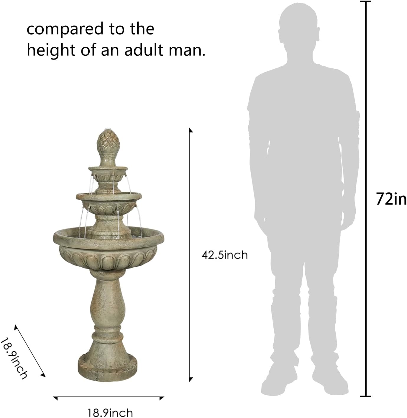 42.5' H Traditional Outdoor Water Fountain with Pineapple Finial – Classic Garden Décor with Flowing Cascade and Antique Stone Finish for Patios, Lawns, and Courtyards