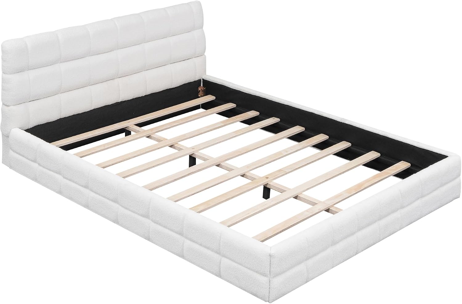 Ball & Cast Queen Size Low Bed Frame with Soft Fleece Headboard, Grounded Floor Platform Bed with Wood Slats Support for Kids Teens Adults,No Box Spring Needed,Easy Assembly,White