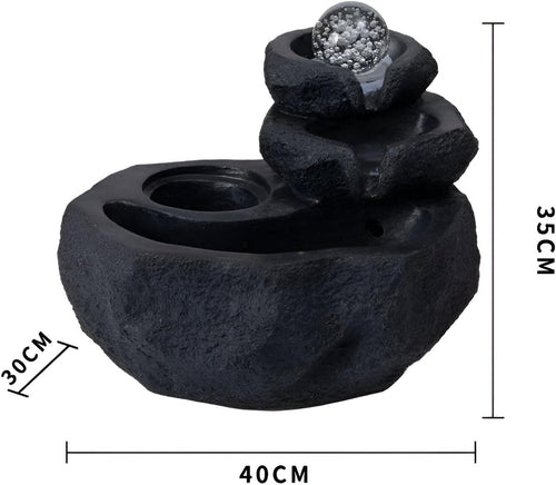 11.42' Indoor Tabletop Fountain with 3-Tier Flow, RGB LED Lights, Decorative Bubble Ball, Mist Maker & 10 Natural Crystals – Zen Resin Waterfall for Home Office Decor & Meditation (Black)