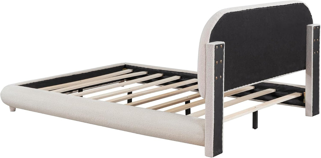 Merax Teddy Fleece Full Size Upholstered Platform Bed with Thick Fabric, Solid Frame and Stylish Curve-Shaped Design, Beige