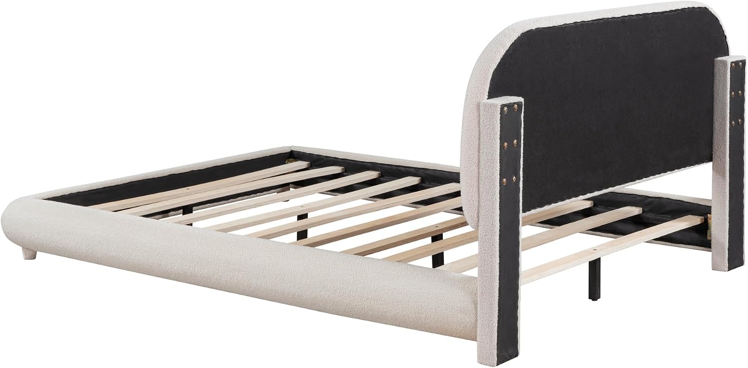 Merax Teddy Fleece Full Size Upholstered Platform Bed with Thick Fabric, Solid Frame and Stylish Curve-Shaped Design, Beige