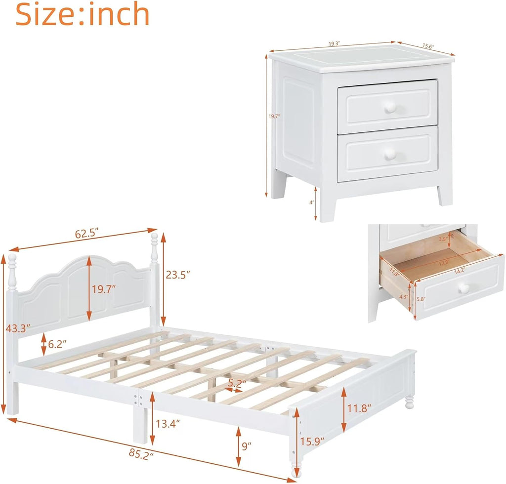 Harper & Bright Designs 3 Pieces Queen Bedroom Sets, Wooden Queen Size Platform Bed with 2 Nightstands, Retro Design Queen Bedroom Furniture Sets, Easy to Assemble (White)