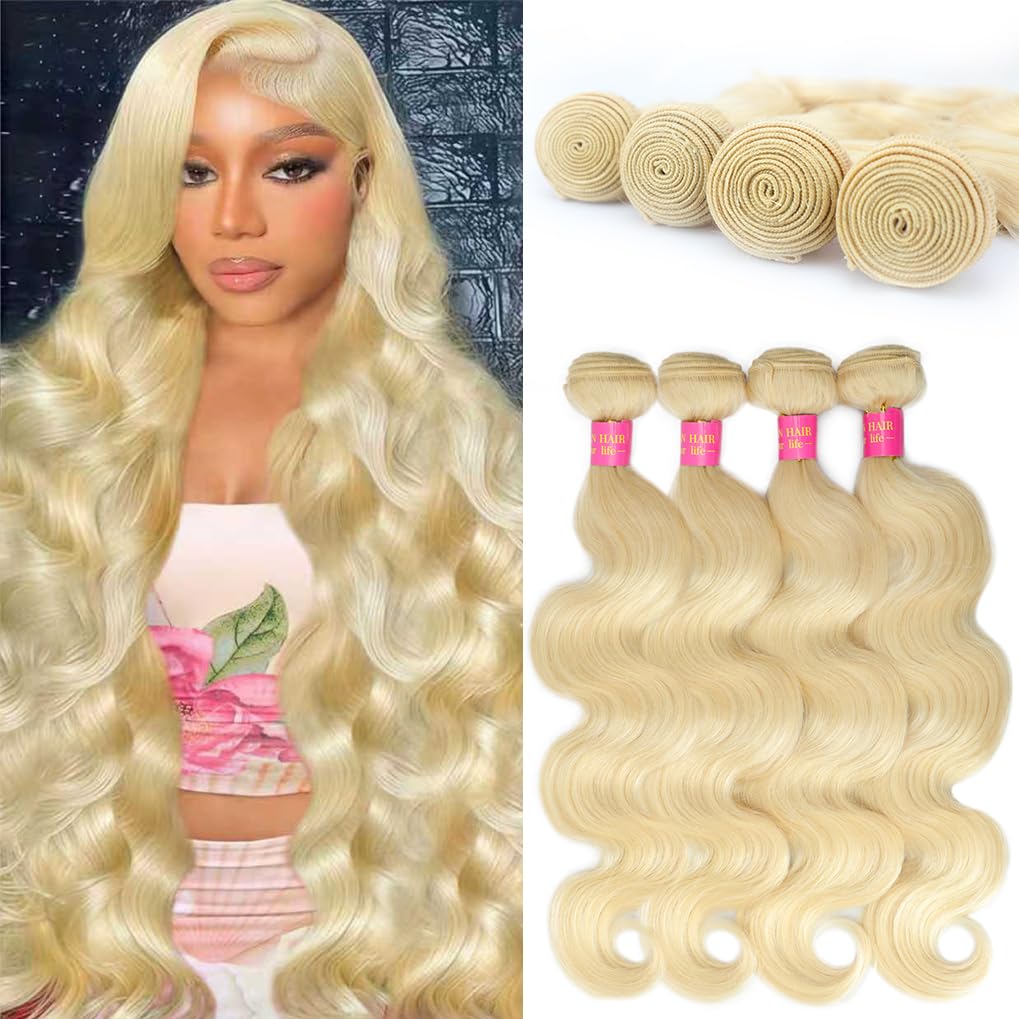 613 Bundles Human Hair 14 16 18 20 Inch Blonde Bundles Human Hair Body Wave 4 Bundles, 100% Raw Indian Hair, Can Be Dyed, Highlighted or Restyled, Minimal Shedding, No Tangle, Easy to Take Care of.