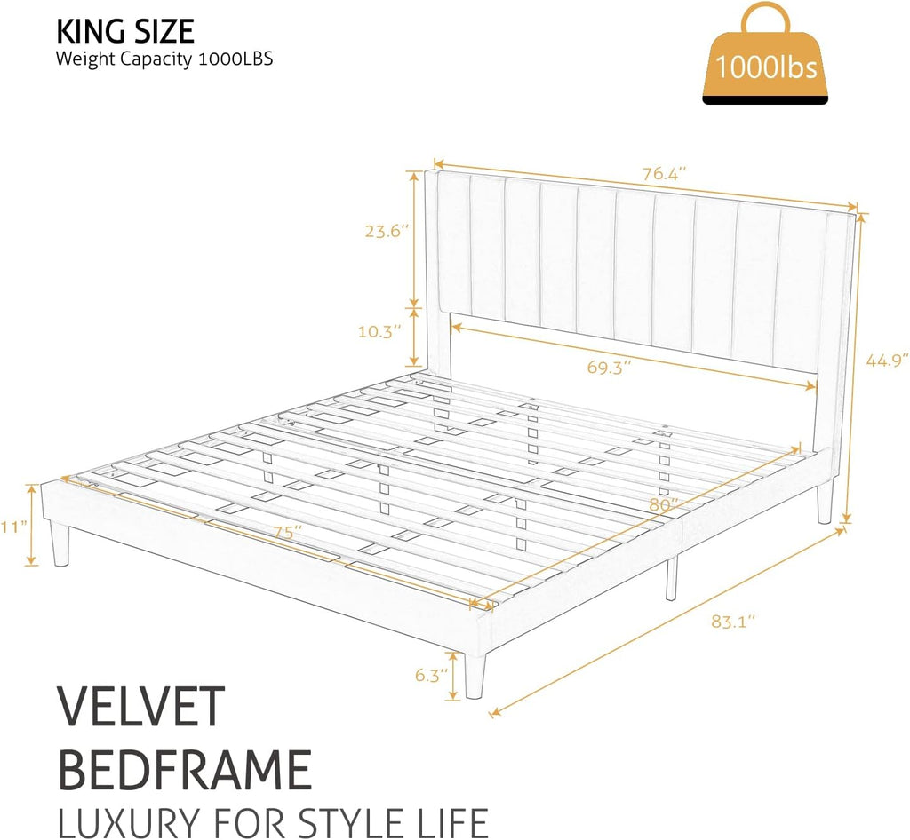 SHA CERLIN King Bed Frame/Velvet Upholstered Platform Bed Frame with Headboard/Strong Wood Slats Support/Mattress Foundation/No Box Spring Needed/Easy Assembly/White
