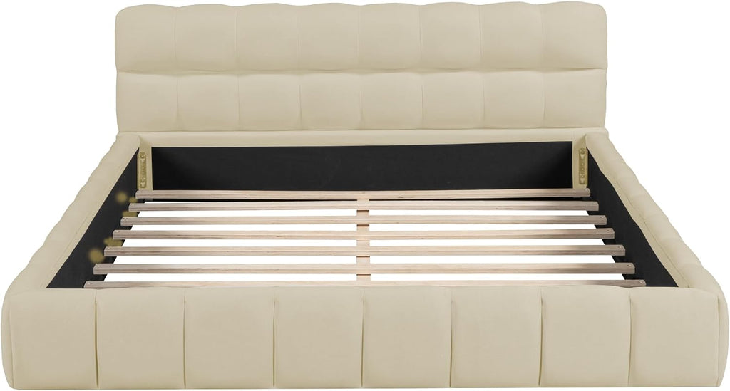 Queen Size Upholstered Platform Bed with Thick Fabric, Grounded Bed with Solid Frame for Kids Adults Bedroom Furniture, Easy Assembly, No Box Spring Needed (Linen+Beige, Queen)