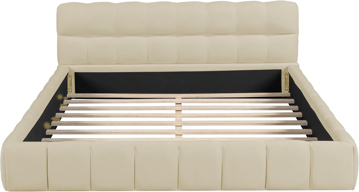 Queen Size Upholstered Platform Bed with Thick Fabric, Grounded Bed with Solid Frame for Kids Adults Bedroom Furniture, Easy Assembly, No Box Spring Needed (Linen+Beige, Queen)