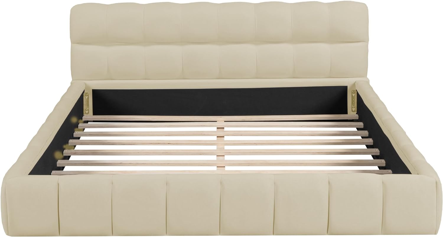 Bellemave Queen Size Upholstered Platform Bed with Thick Fabric, Grounded Bed with Solid Frame, for Kids Teens Adults Bedroom Use, Beige