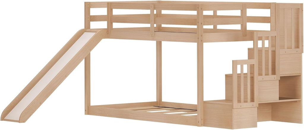 Grain & Grove Bear Twin Over Twin Bunk Bed with Slide and Staircase, Low Bunk Bed Frame for Kids, Bunk with Ladder, Guardrail, and Slats, No Box Spring Required, Oak Embossed Natural