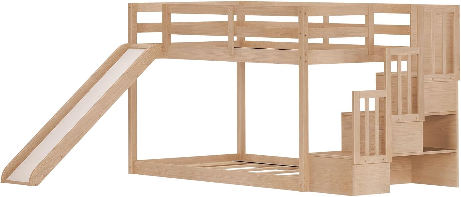 Grain & Grove Bear Twin Over Twin Bunk Bed with Slide and Staircase, Low Bunk Bed Frame for Kids, Bunk with Ladder, Guardrail, and Slats, No Box Spring Required, Oak Embossed Natural