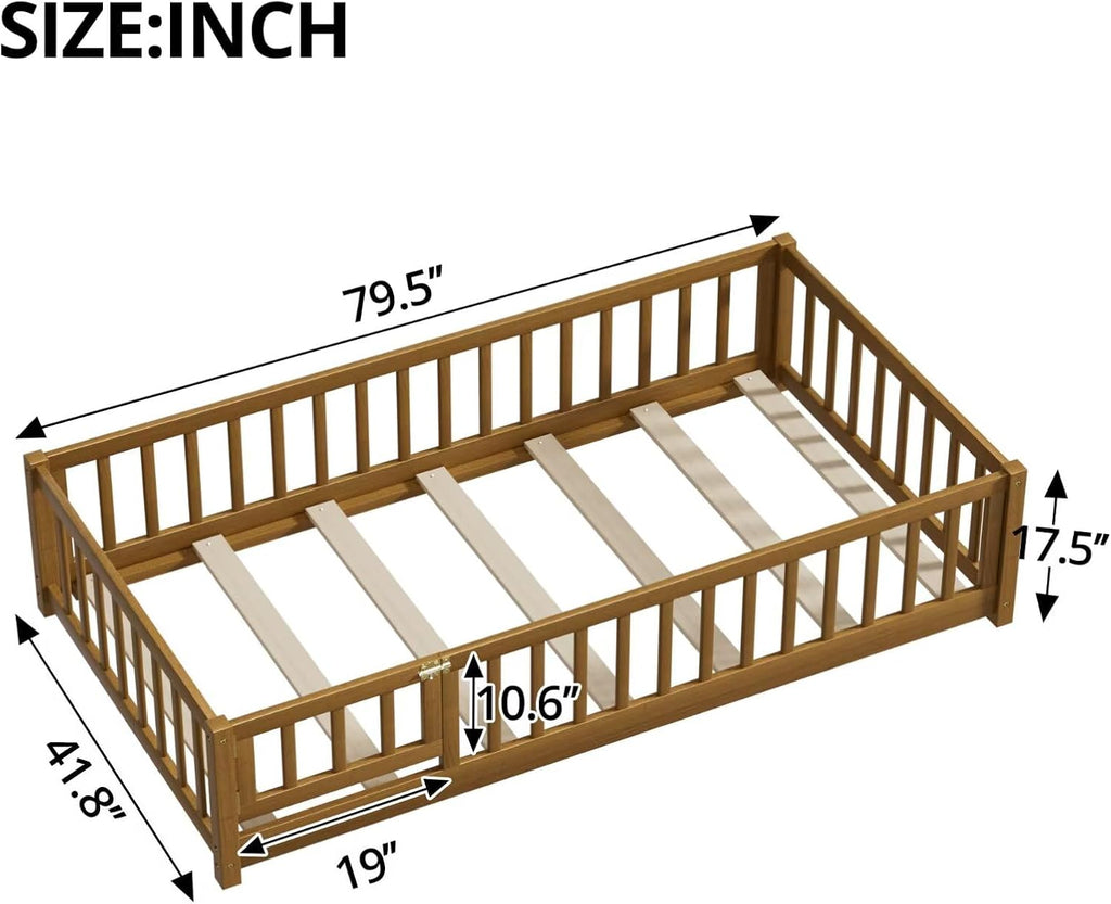 i-POOK Twin Floor Bed Frame with Wood Slats, High Fence & Small Door, Pinewood Montessori Floor Bed for Girls and Boys,Light Espresso