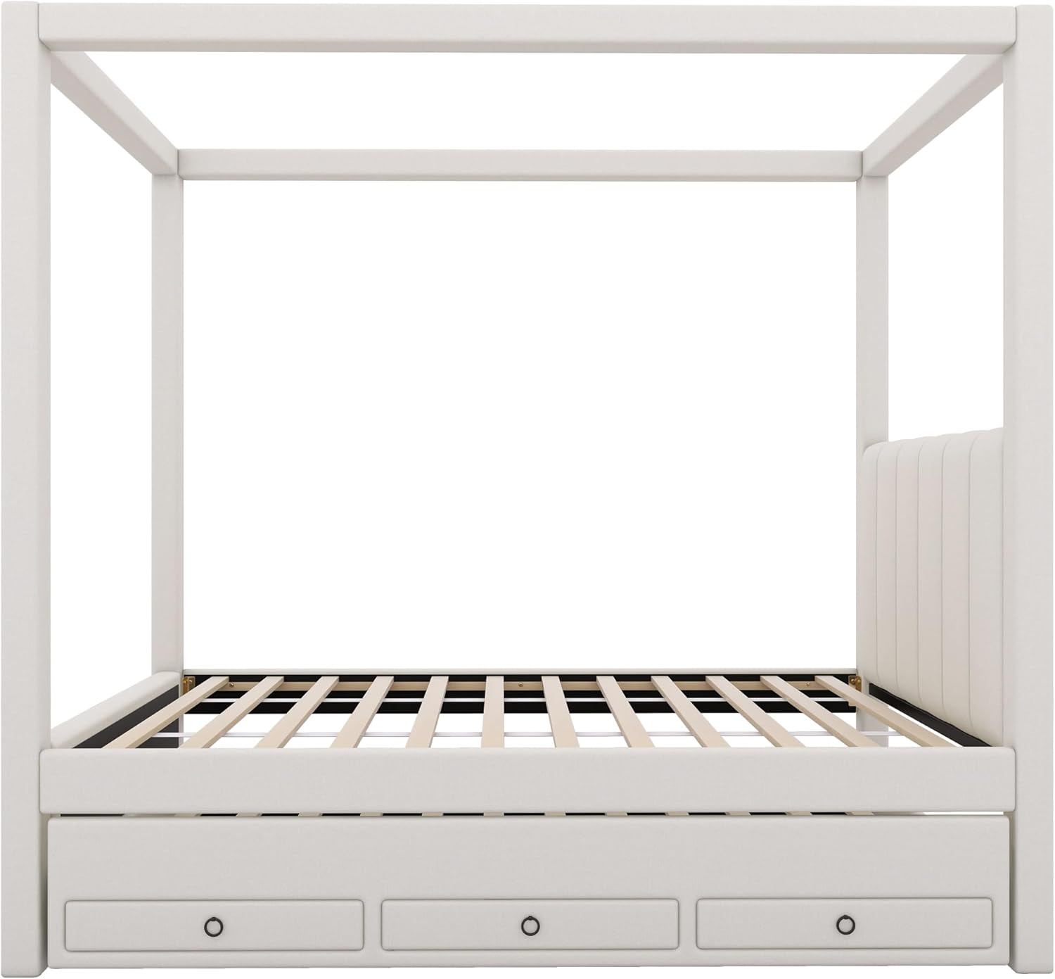Modern Twin Size Upholstery Canopy Platform Bed with Trundle and 3 Storage Drawers, Twin Size Linen Storage Platform Bed with Backrest and Wood Slat Support for Kids and Teens (Beige, Twin)