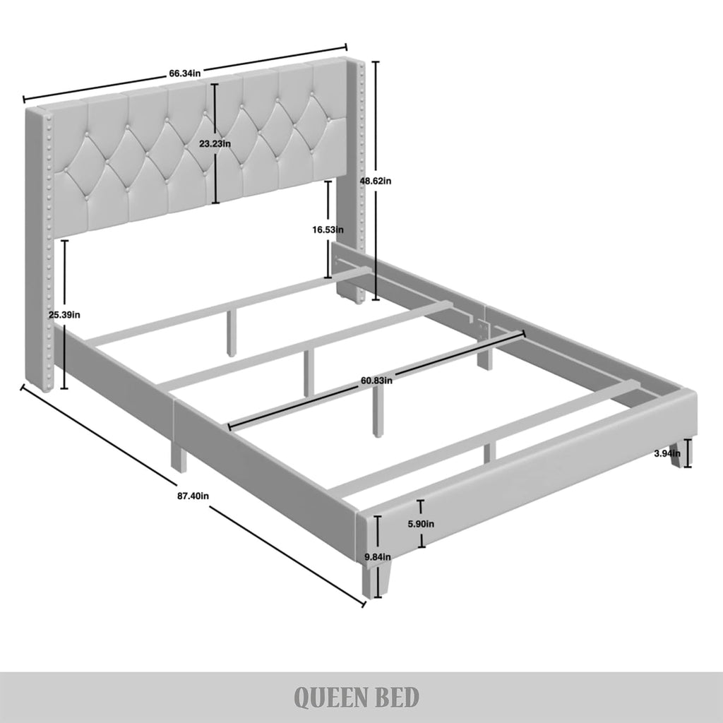 Queen Button Tufted Wingback Linen Upholstered Bed, Charcoal Grey
