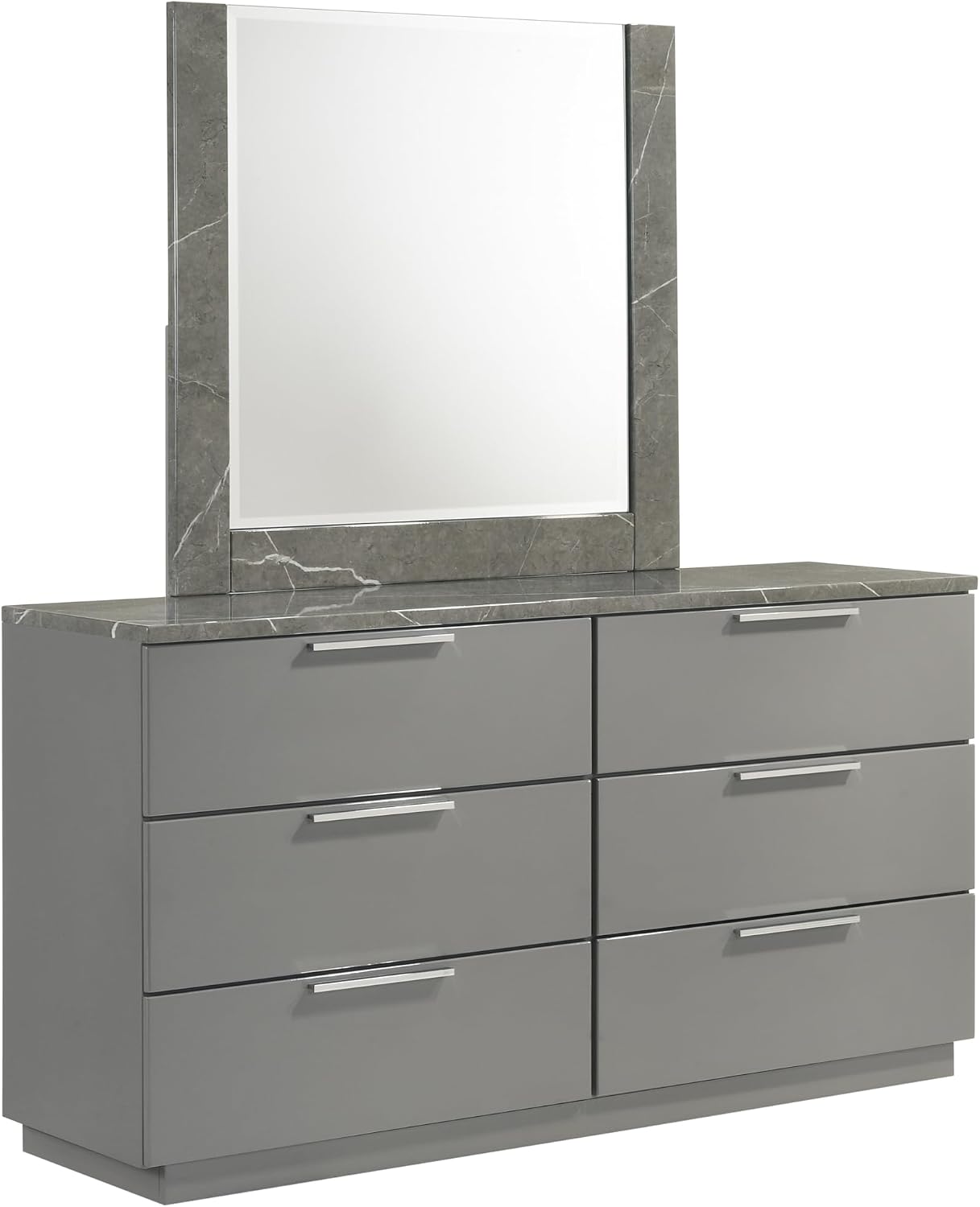 Modern Queen Bedroom Set: 4-Piece Gray Two-Tone Marble & Lacquer Furniture - LED Lighting Headboard & Red Velvet Drawers - Metal Legs for Luxurious Master Bedroom