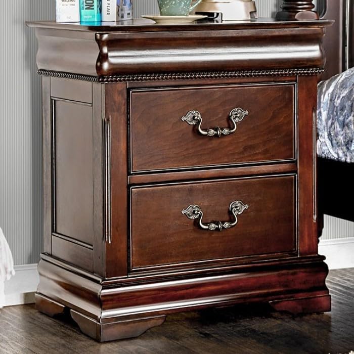 MASARA 5-Piece Traditional Queen Bedroom Set, Cherry Finish, Low Post Bed with Ornate Details.