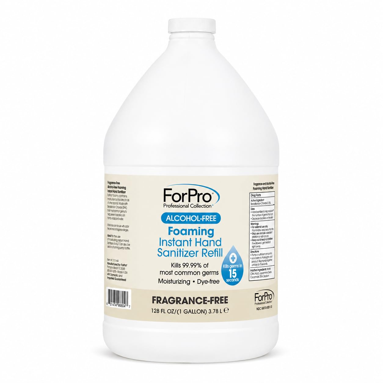 ForPro Alcohol-Free Foaming Instant Hand Sanitizer, Moisturizing, Dye-Free Formula, Fragrance Free, 1 Gallon Refill (Pack of 4)