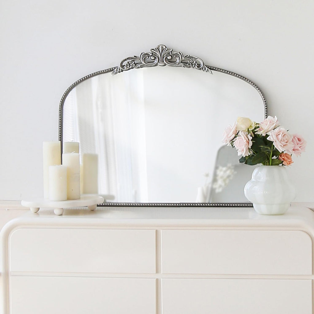 Micasso Vintage Silver Arched Mirror: 36'x29' French Baroque Antique Wall Mounted Mirror - Traditional Ornate Decorative for Wall/Fireplace/Entryway/Bathroom/Hallway - Home Decor for Living Room