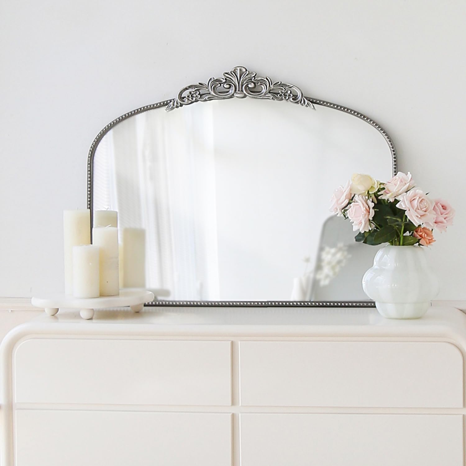 Micasso Vintage Silver Arched Mirror: 36'x29' French Baroque Antique Wall Mounted Mirror - Traditional Ornate Decorative for Wall/Fireplace/Entryway/Bathroom/Hallway - Home Decor for Living Room