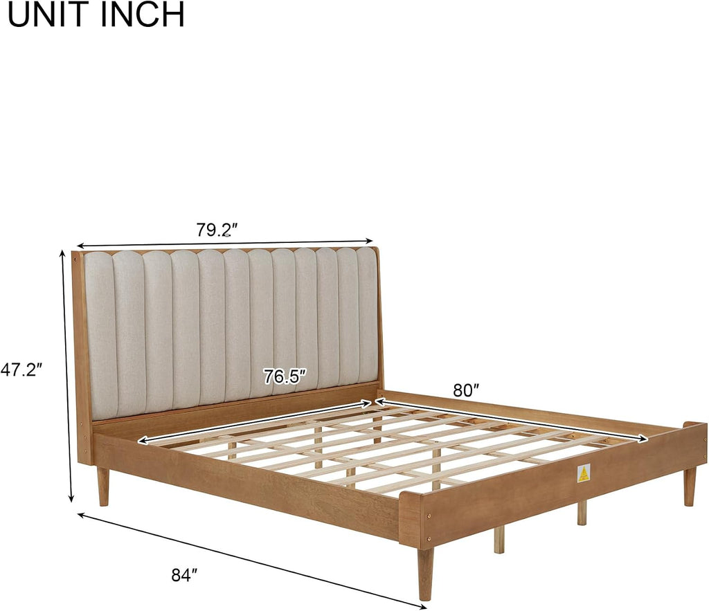 JIVOIT King Size Platform Bed with Piano Key Style Upholstered Headboard, Wood Bed with Strengthened Bed Frame, Wood Slats Support, No Box Spring Needed