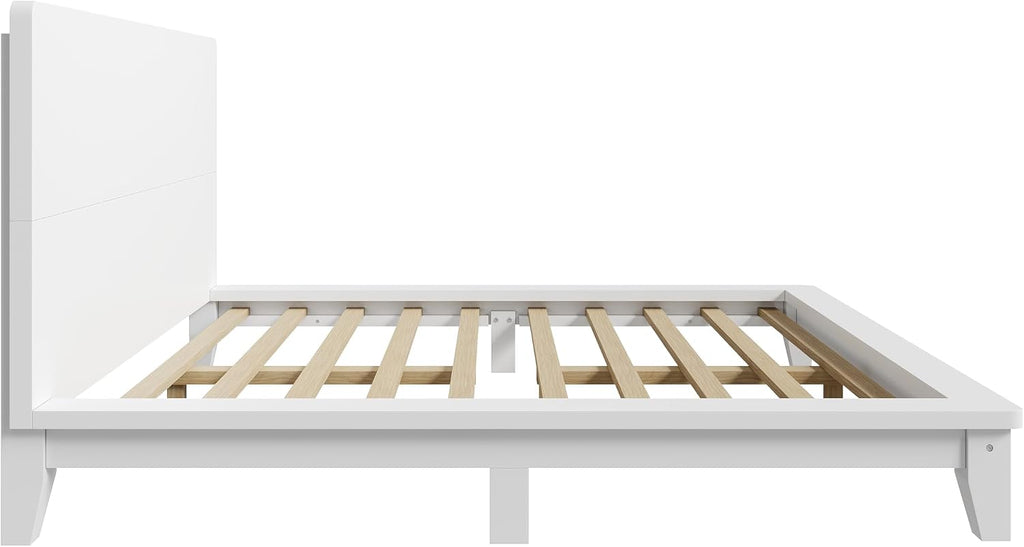 Merax Full Size Solid Wood Platform Bed Frame, Modern Comfortable with Headboard, Slat Support, No Box Spring Needed, White