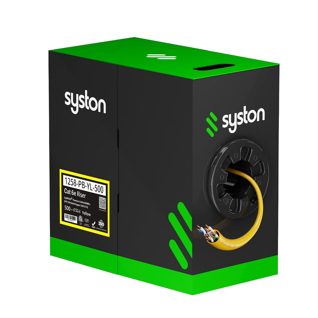 Syston Cable Technology Cat6e Ethernet Internet Cable - 500 FT，600MHz 23AWG Solid Bare Copper Wire Outdoor/Indoor Suit, No Ends 10 Ft to 1000 Ft Available, Heat Resistant Riser Rated - CMR
